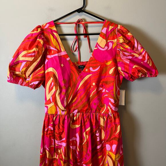 1.State Pink & Orange Puff Sleeve Tiered Maxi Dress 100% Cotton Summer Large New - Picture 7 of 7